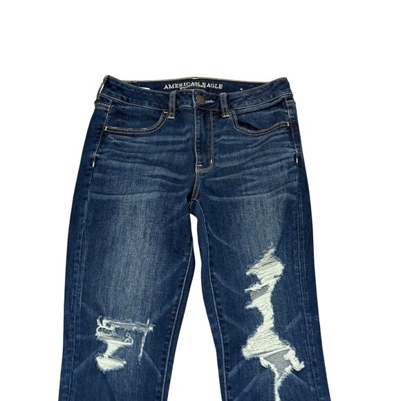 American Eagle Super Stretch X Distressed Skinny Jeans Size 6 Ripped Dark Wash - Picture 4 of 15